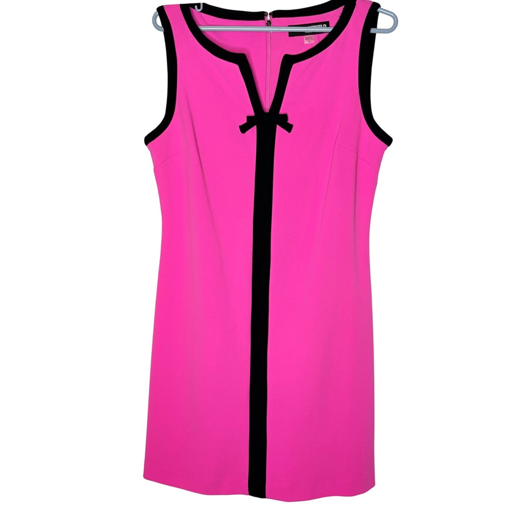 Karl Lagerfeld Paris Dress 14 Barbiecore Pink Black Trim Bow Sheath Career Chic